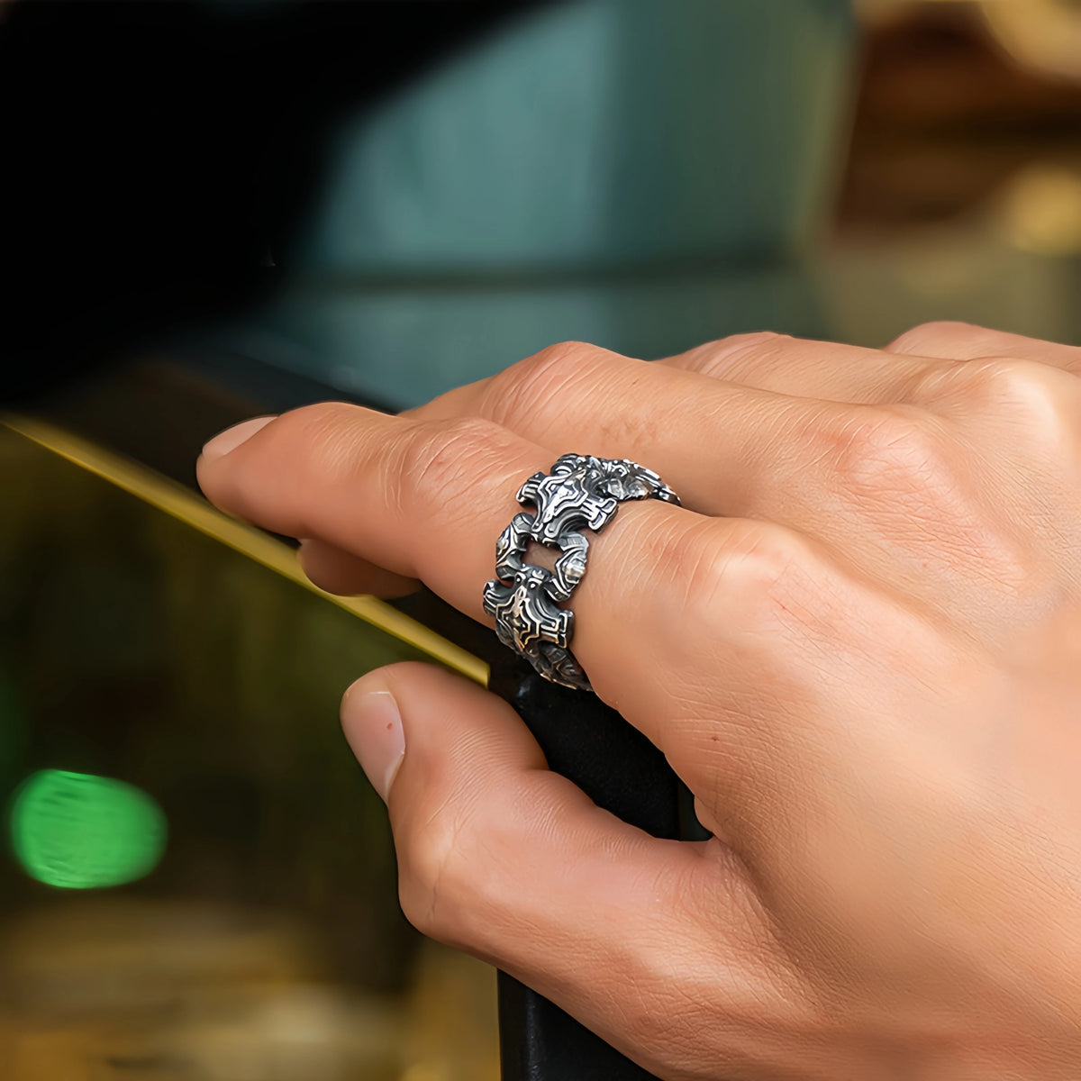 Gothic Chained Crosses Adjustable Open Ring — Silver-Tone