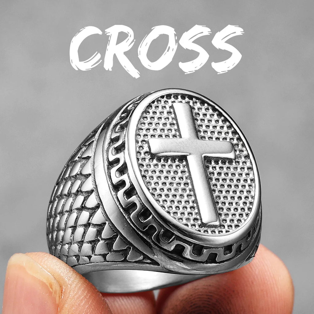 Christian Cross Black Religon Men Rings Stainless Steel Punk Cool Stuff Fashion Accessories Jewelry For Women Gift