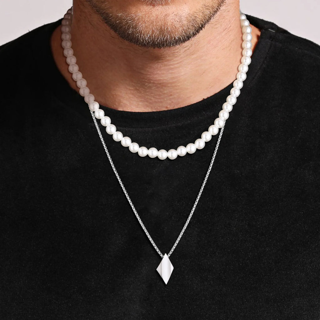 Rhombus Pearl Bead Chain Necklace — SS