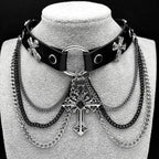 Gothic Cross Leather Choker Necklace — Silver
