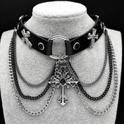 Gothic Cross Leather Choker Necklace — Silver