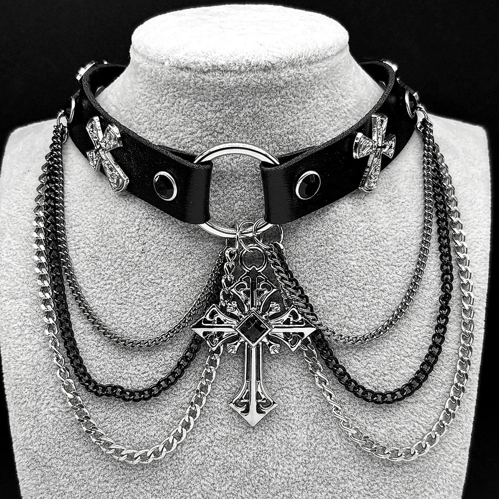 Gothic Cross Leather Choker Necklace — Silver