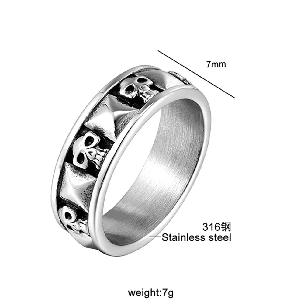316 Stainless Steel Full-Wrap Skull Ring 7mm/12mm Wide Heavy Retro Gothic Punk Band 3D Carved Skeleton Biker Jewelry for Men