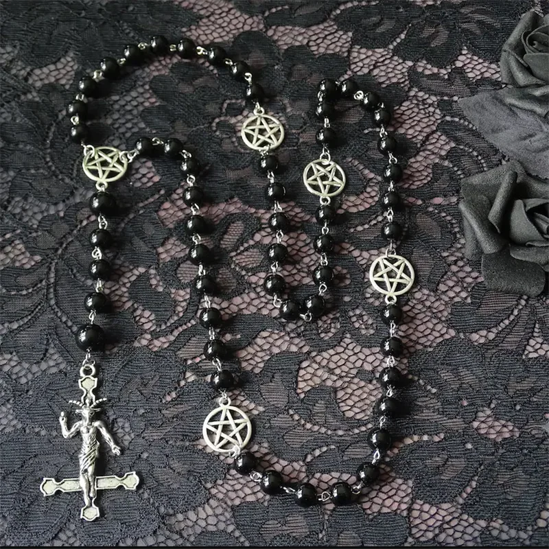 Baphomet Pentagram Cross Necklace — Black Metal