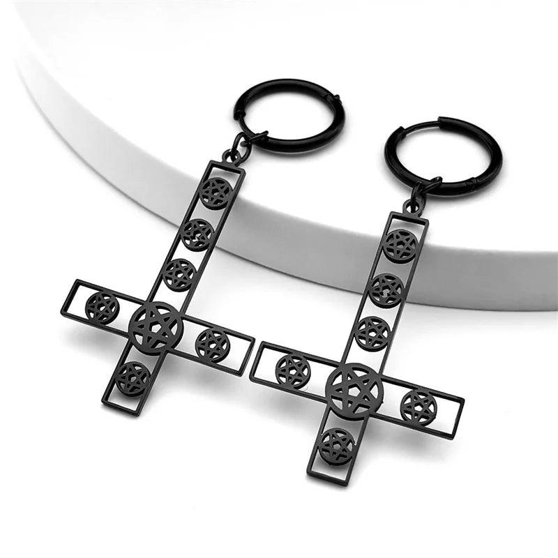 Cross Jesus Steel Earrings Inverted Occult Pentagram