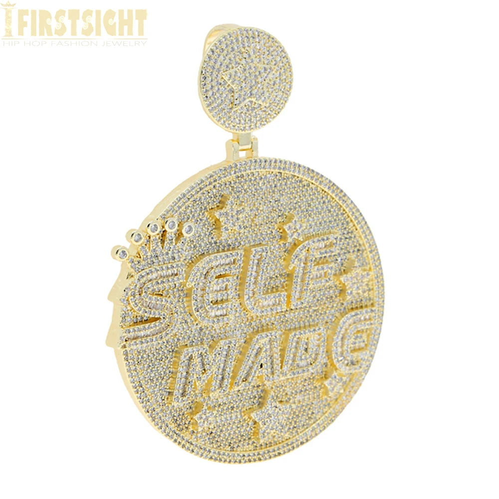 Iced Out Self Made Pendant Necklace Big Silver Color Cubic Zirconia CZ Heavy Chunky Letter Round Star Charm Hip Hop