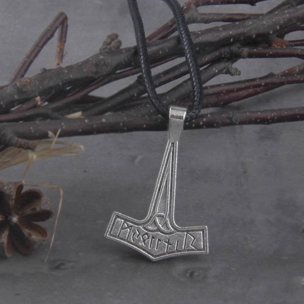 Viking Jewelry antique silver color rune thor hammer pendant necklace with cotton necklace chain