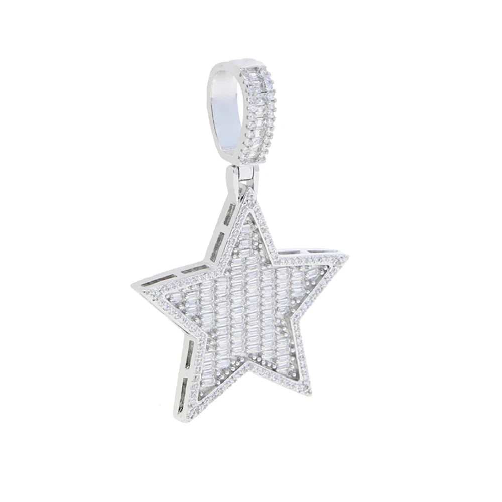 Iced Out Star Pendant Necklace Micro Paved Silver Color Cubic Zircon Prong Setting Charm For Men Women Hip Hop Jewelry
