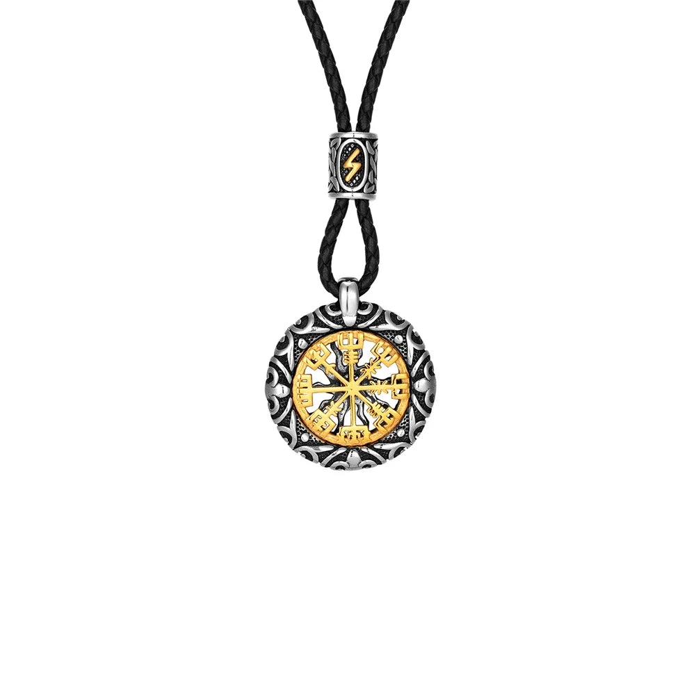 Retro Men Norse Rune Bead Compass Necklace Gold Color Hollow Out Sun Pendant Stainless Steel Vegvisir Amulet Male Viking Jewelry