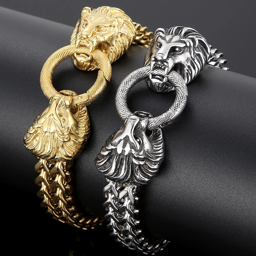 Lion Head With Square Franco Link Chain Bracelet for Man Stainless Steel Men's Bracelets Masculine Jewelry Birthday