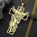 Jesus Cross & Virgin Mary Cutout Necklace — Stainless Steel