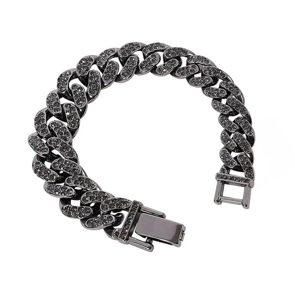 ULJ Hip Hop Shiny Black Cuban Link Chain Bracelets Women Men  Bling Rhinestone Iced Out Punk Wristband Hand Jewelry