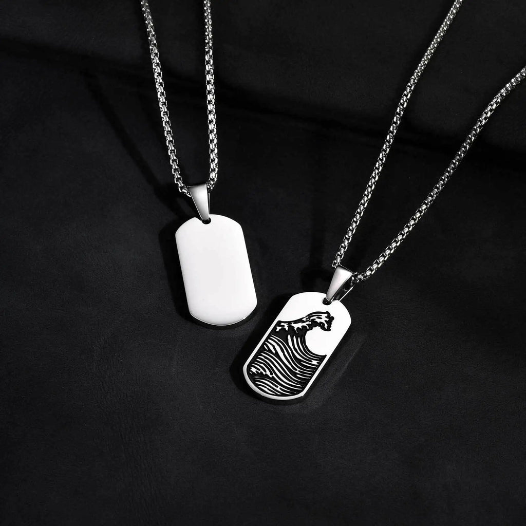 Punk Sea Wave Dog Tag Necklace for Men,Stainless Steel Black Oill Sailboat Military Pendant,Gift to Husband Son Dad