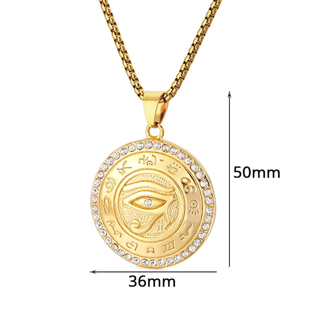 Ancient Egypt The Eye of Horus Pendant Gold Male Color Stainless Steel Zircon Round Necklace for Men Egyptian Jewelry Gift 2025