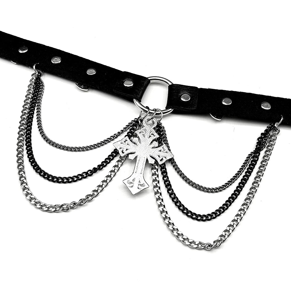 Gothic Cross Leather Choker Necklace — Silver