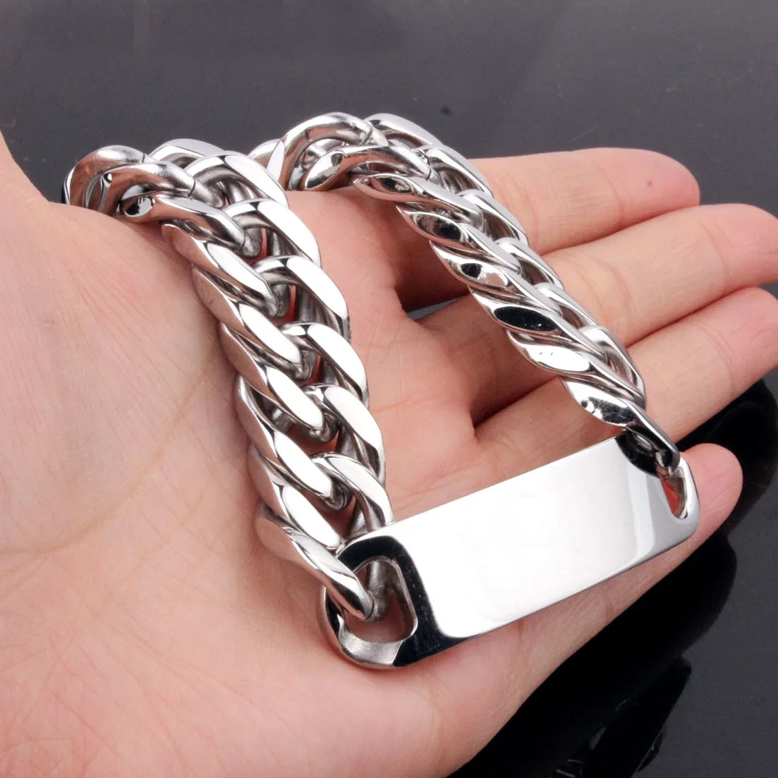 Polished Curb Chain ID Bracelet 15mm — 316L Stainless Steel