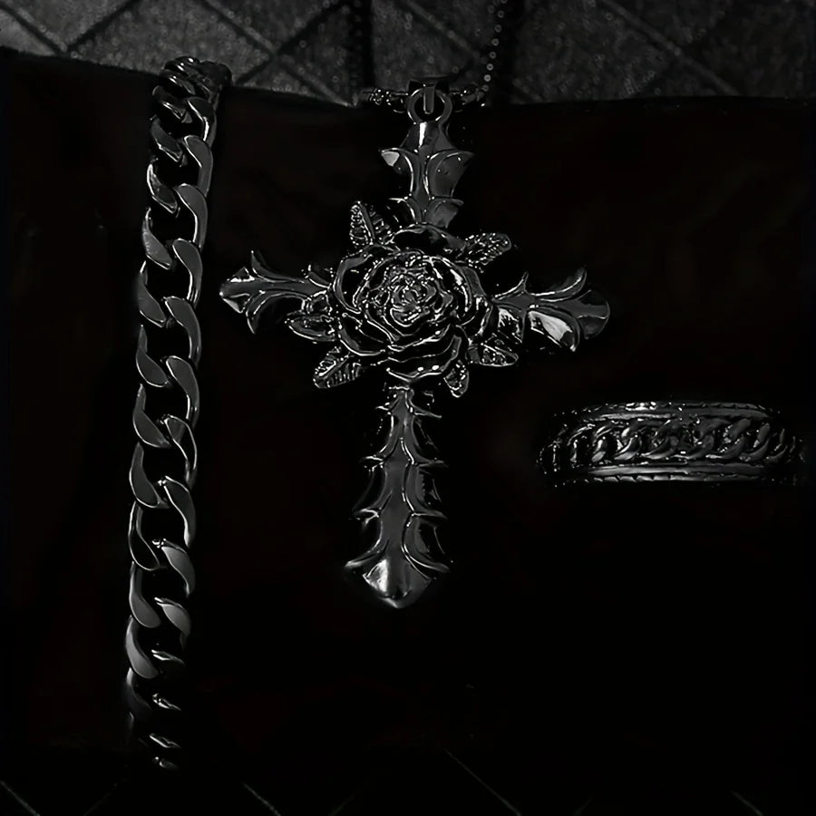 3PCS Cross Necklace Bracelet Ring Set — Two-Tone