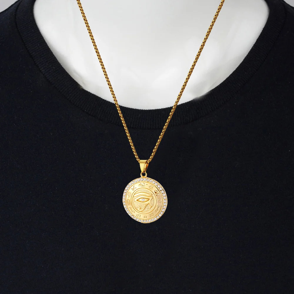 Ancient Egypt The Eye of Horus Pendant Gold Male Color Stainless Steel Zircon Round Necklace for Men Egyptian Jewelry Gift 2025