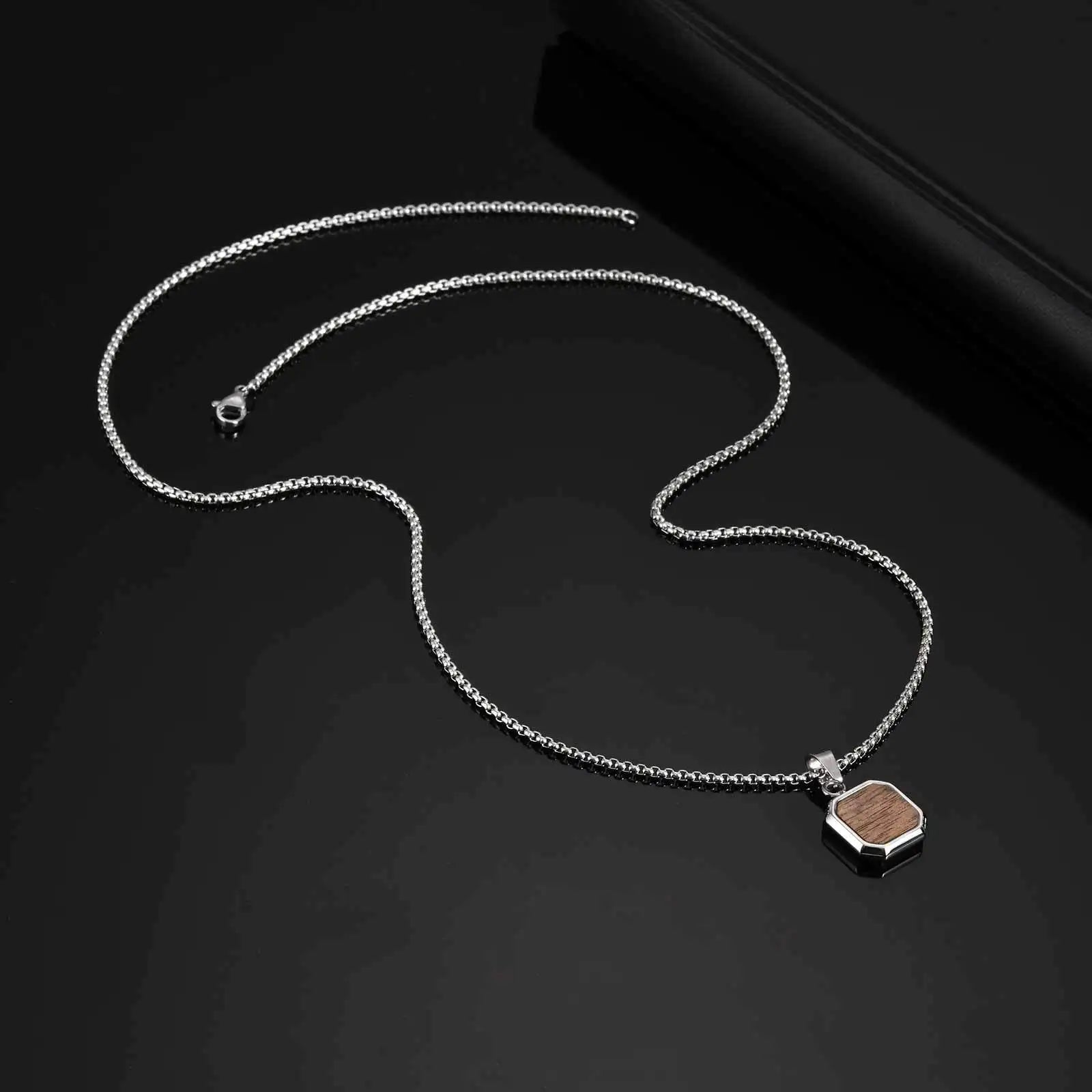 Trend Wood Square Necklace for Men,Brown Color Stainless Steel Rectangle Pendant Necklaces with Box Chain,50/55/60CM