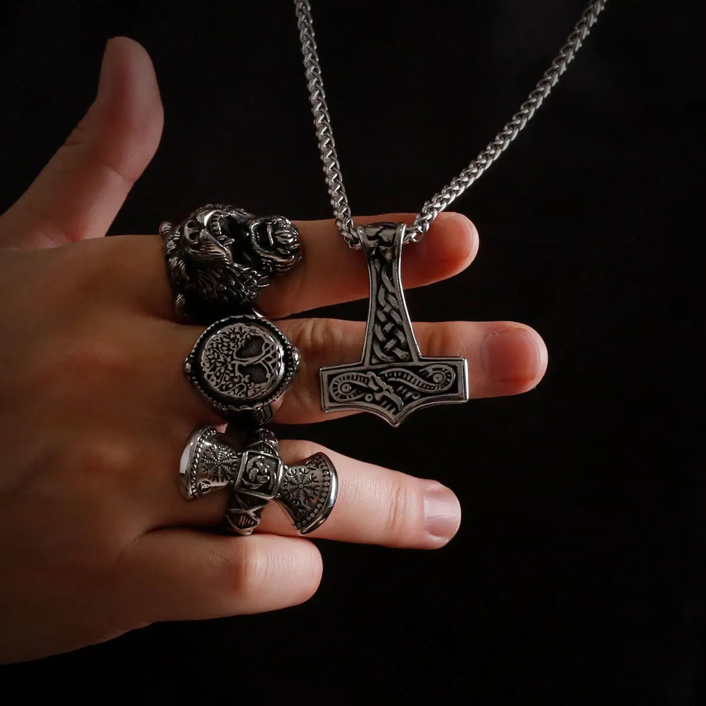 Norse Vikings Thor's Hammer Mjolnir Rune Amulet Necklace Stainless Steel Chain Vegvisir Anchor Pendant Male Jewelry