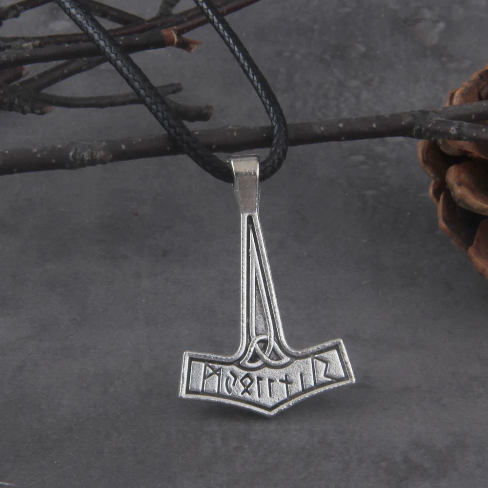Viking Jewelry antique silver color rune thor hammer pendant necklace with cotton necklace chain