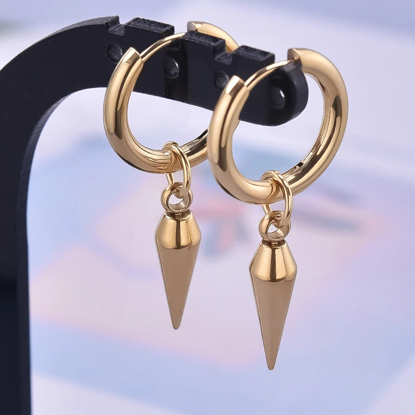 Spike Cone Drop Huggie Hoop Earrings for Men — Stainless Steel