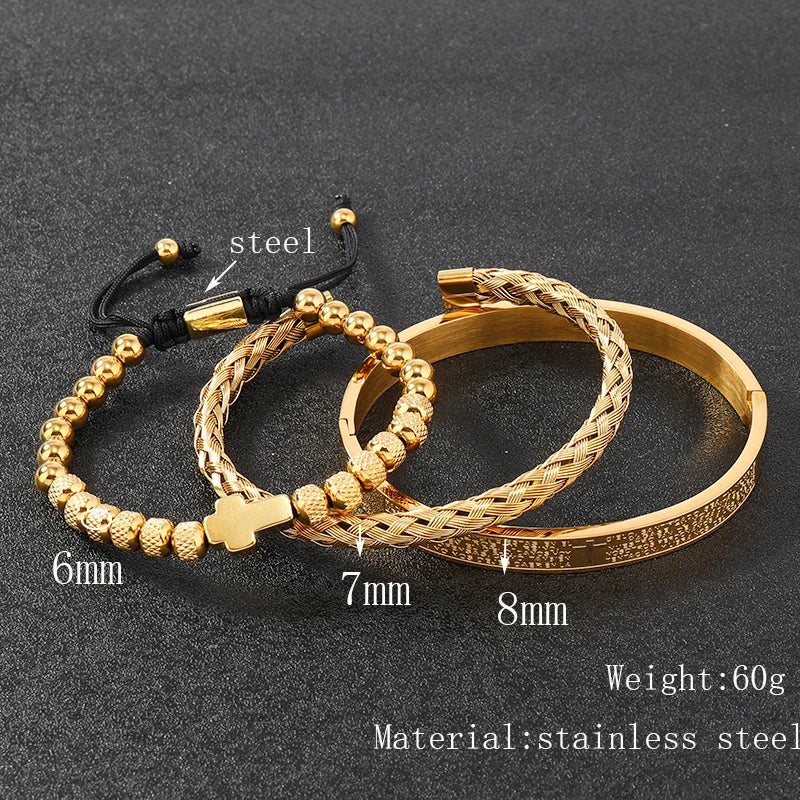 Spanish Scripture Cross Beaded Bracelet Set — Stainless Steel