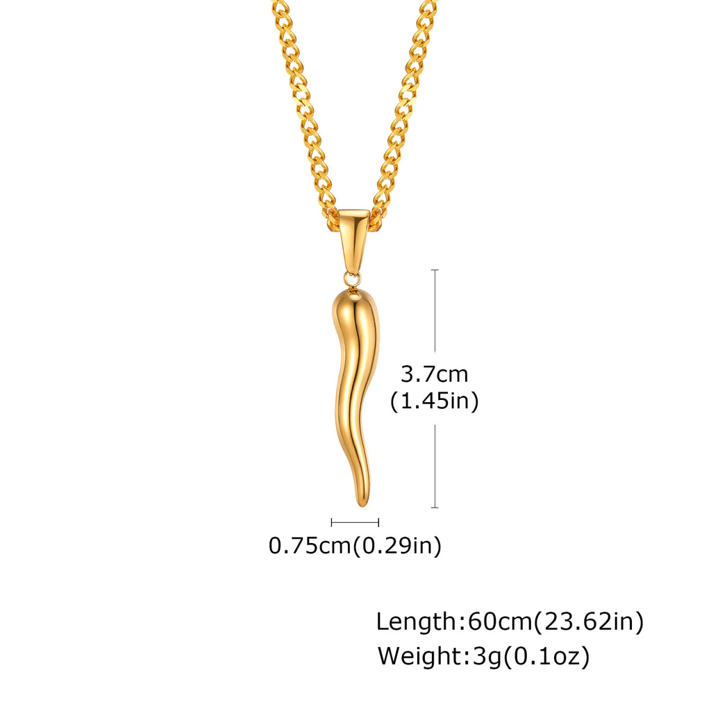 Italian Horn Charm Pendant Necklace — Stainless Steel