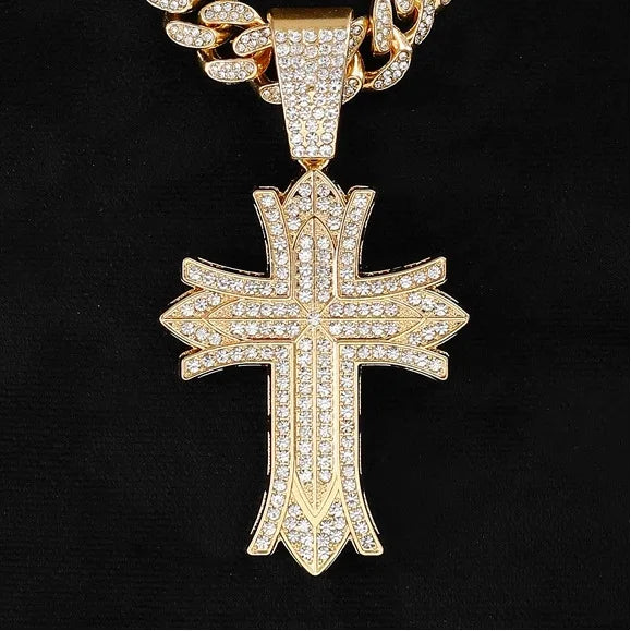 Full Crystal Cross Pendant Cuban Chain Necklace — Two-Tone