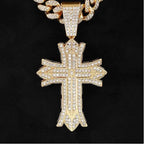 Full Crystal Cross Pendant Cuban Chain Necklace — Two-Tone