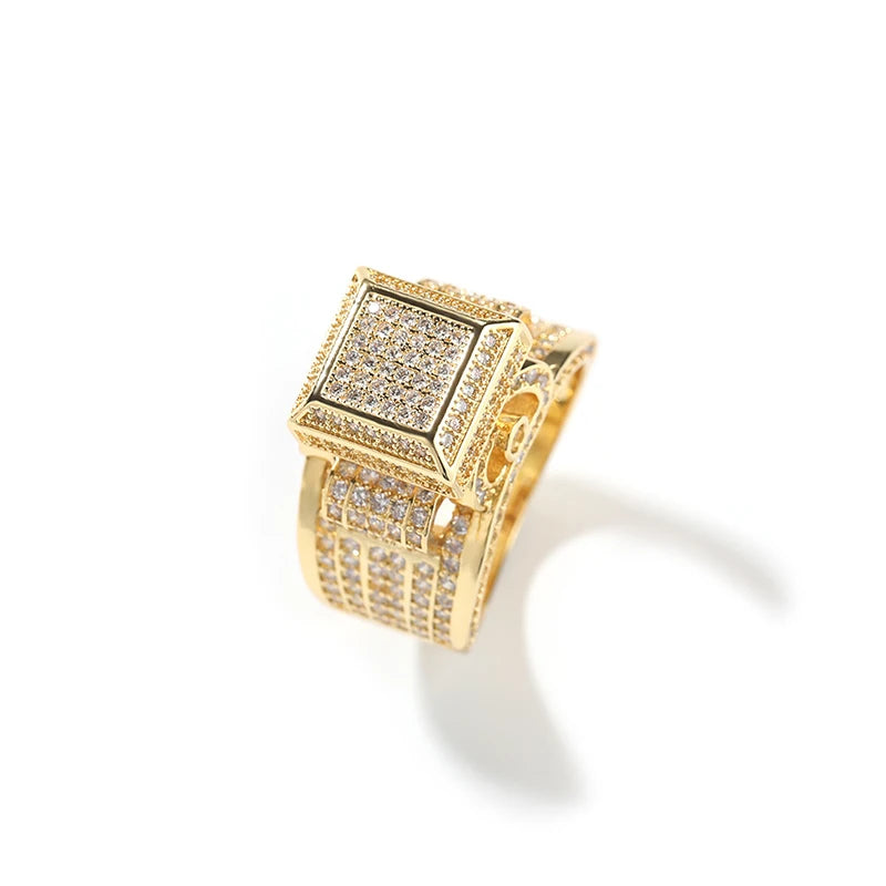 Hip Hop 5A+ CZ Stone Paved Bing Iced Out Square Rings for Men Women Unisex Rapper Jewelry Rose Gold Silver Color