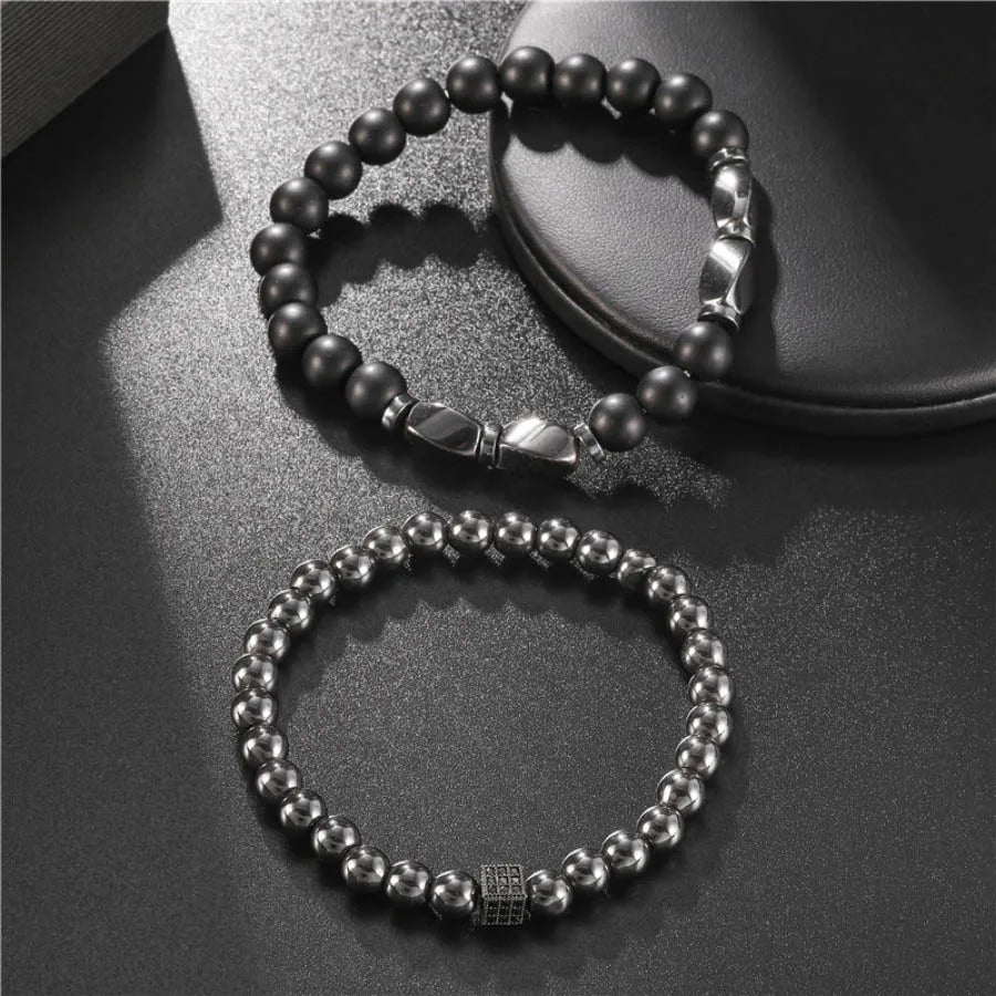 Black-Tone Beaded Bracelet Set — 6mm 8mm Wrap