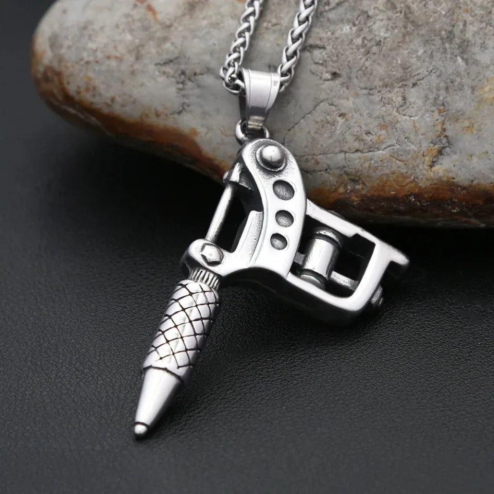 Vintage Stainless Steel Tattoo Machine Tool Pendant Necklace For Men Women Punk Hip Hop Tattoo Artist Gifts Jewelry