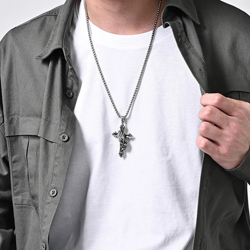 Stainless Steel Cross Praying Hands Pendant Necklace
