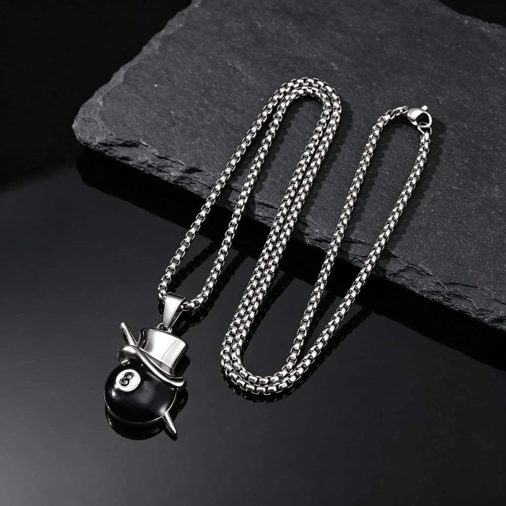 Lucky 8 Ball Pendant Necklace — Black Stainless Steel