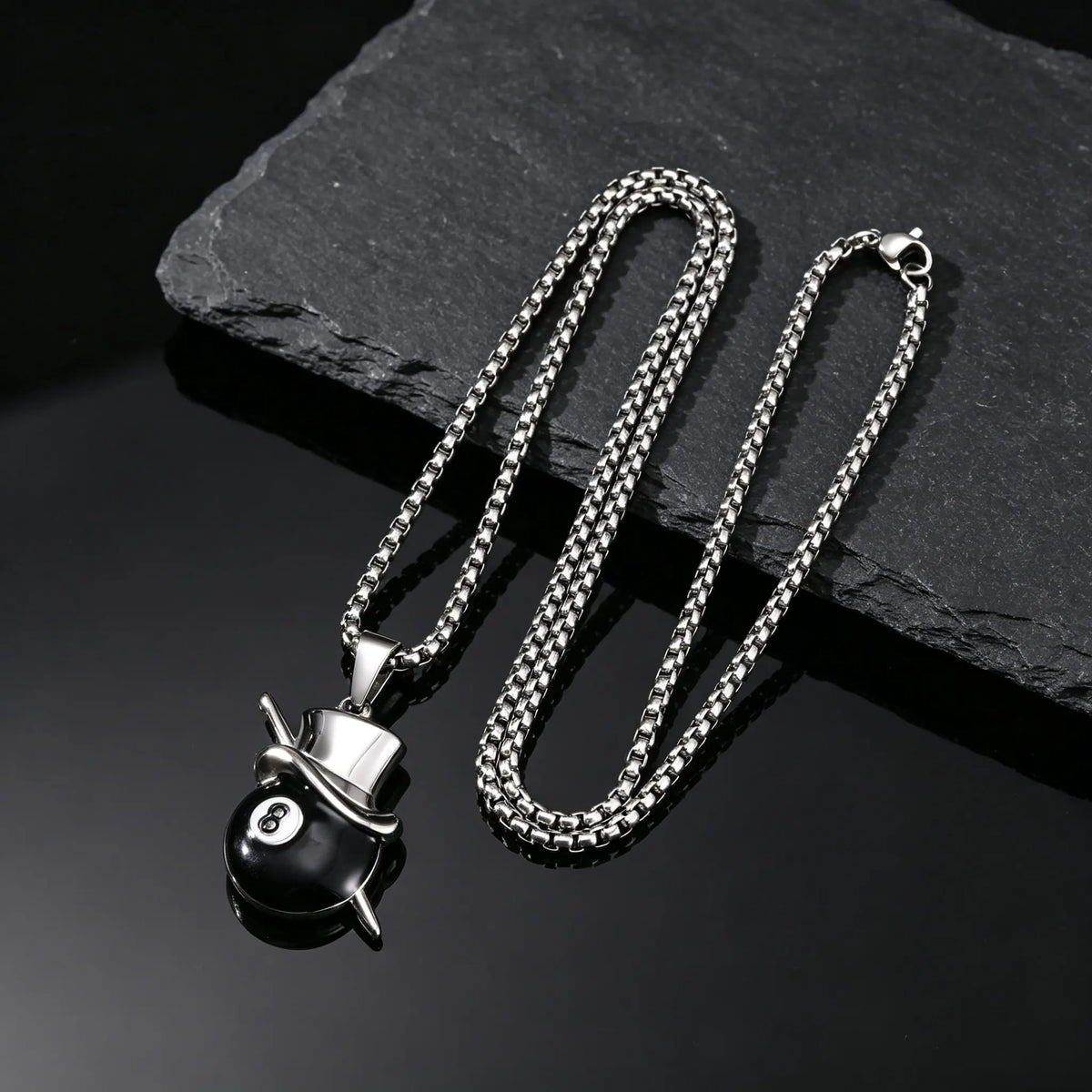 Lucky 8 Ball Pendant Necklace — Black Stainless Steel