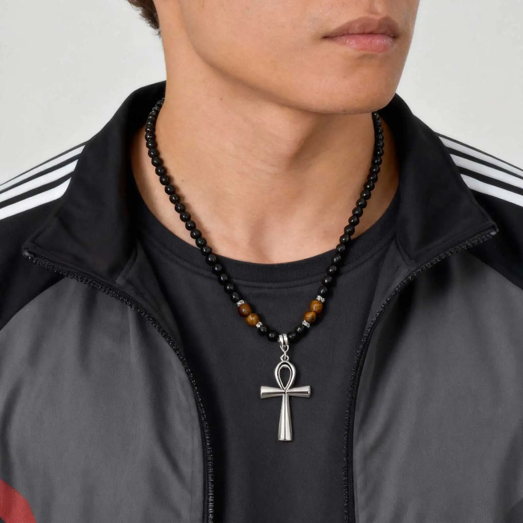 Fashion Stainless Steel Anka Cross Pendant Necklace, Natural Tiger Eye Stone Beaded Chain Necklace, Trendy Punk Jewelry