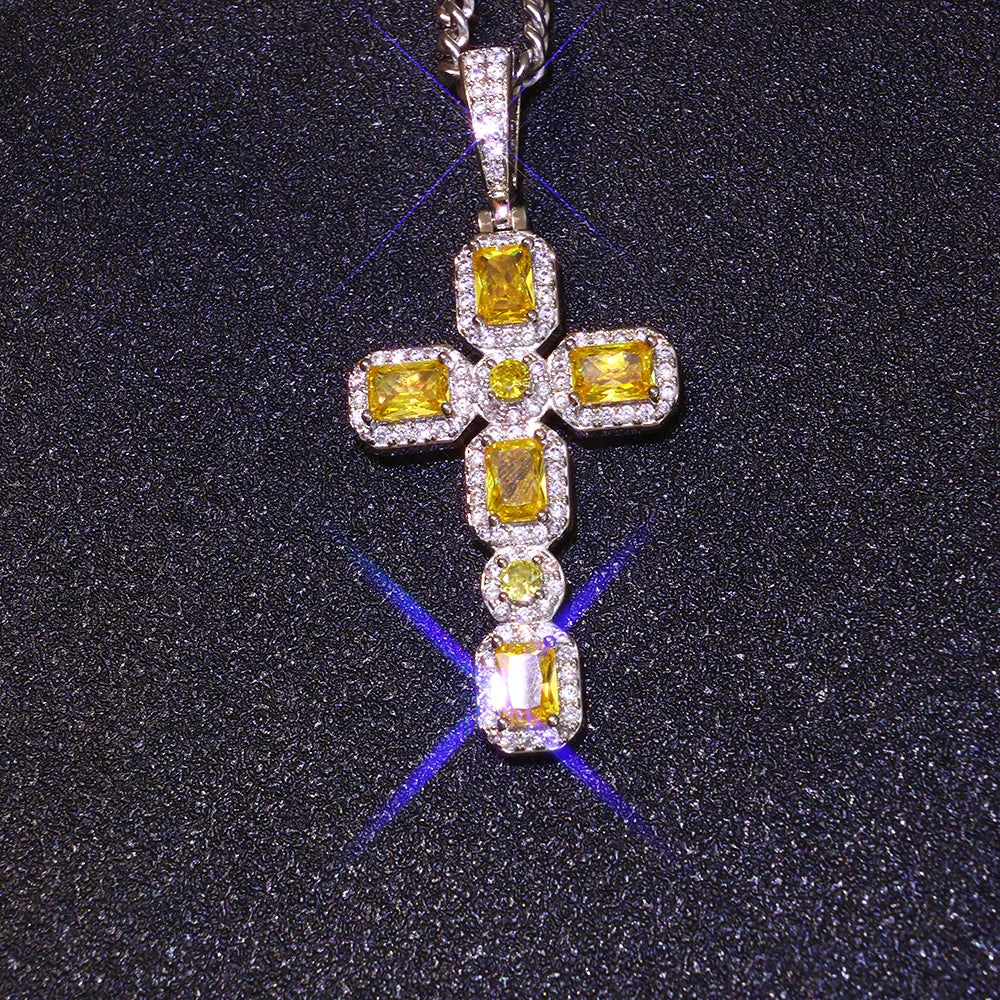 Cross Pendant Necklace Iced Out Yellow CZ