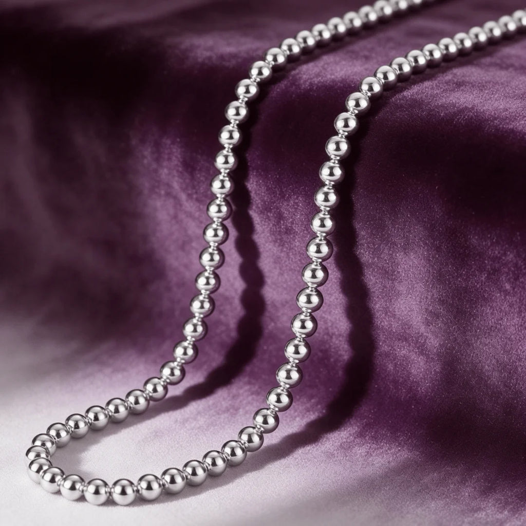 Hollow Beads Necklace & Bracelet Set 6mm — Silver-Tone Classic