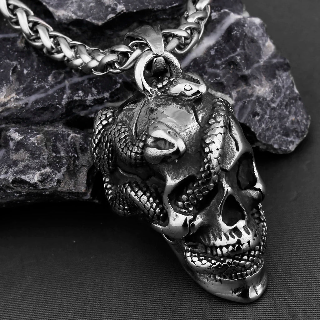 Snake Skull Pendant Necklace — Black Stainless Steel
