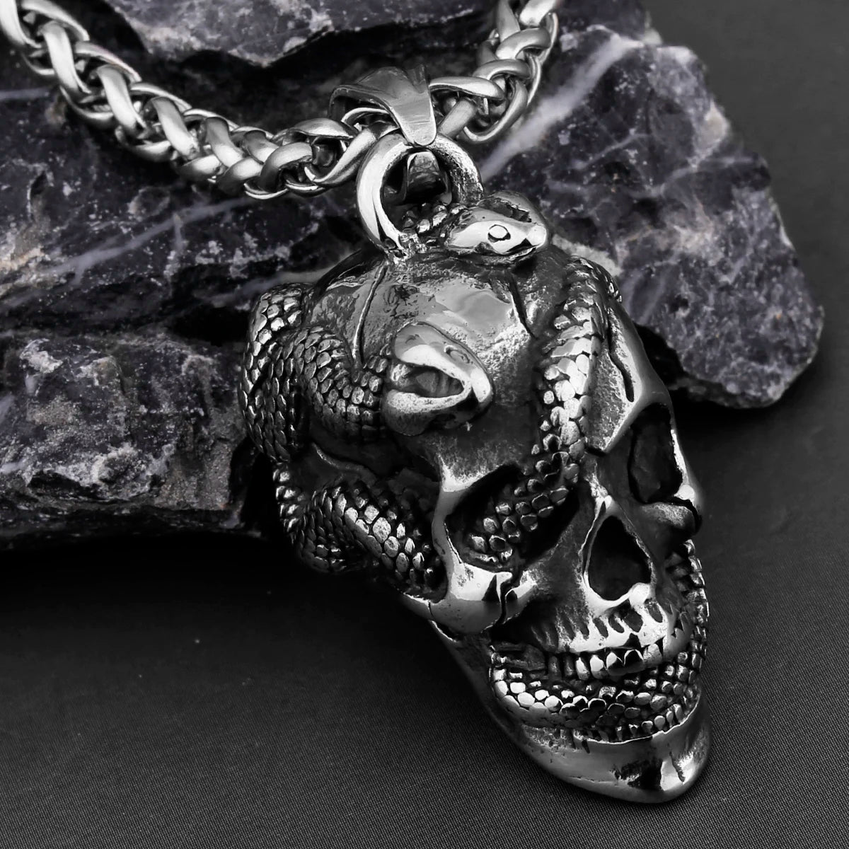 Snake Skull Pendant Necklace — Black Stainless Steel