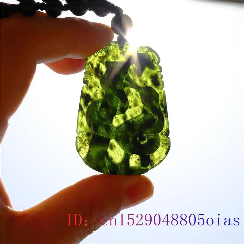 Chinese Jade Snake Obsidian Amulet Pendant Necklace — Black-Tone