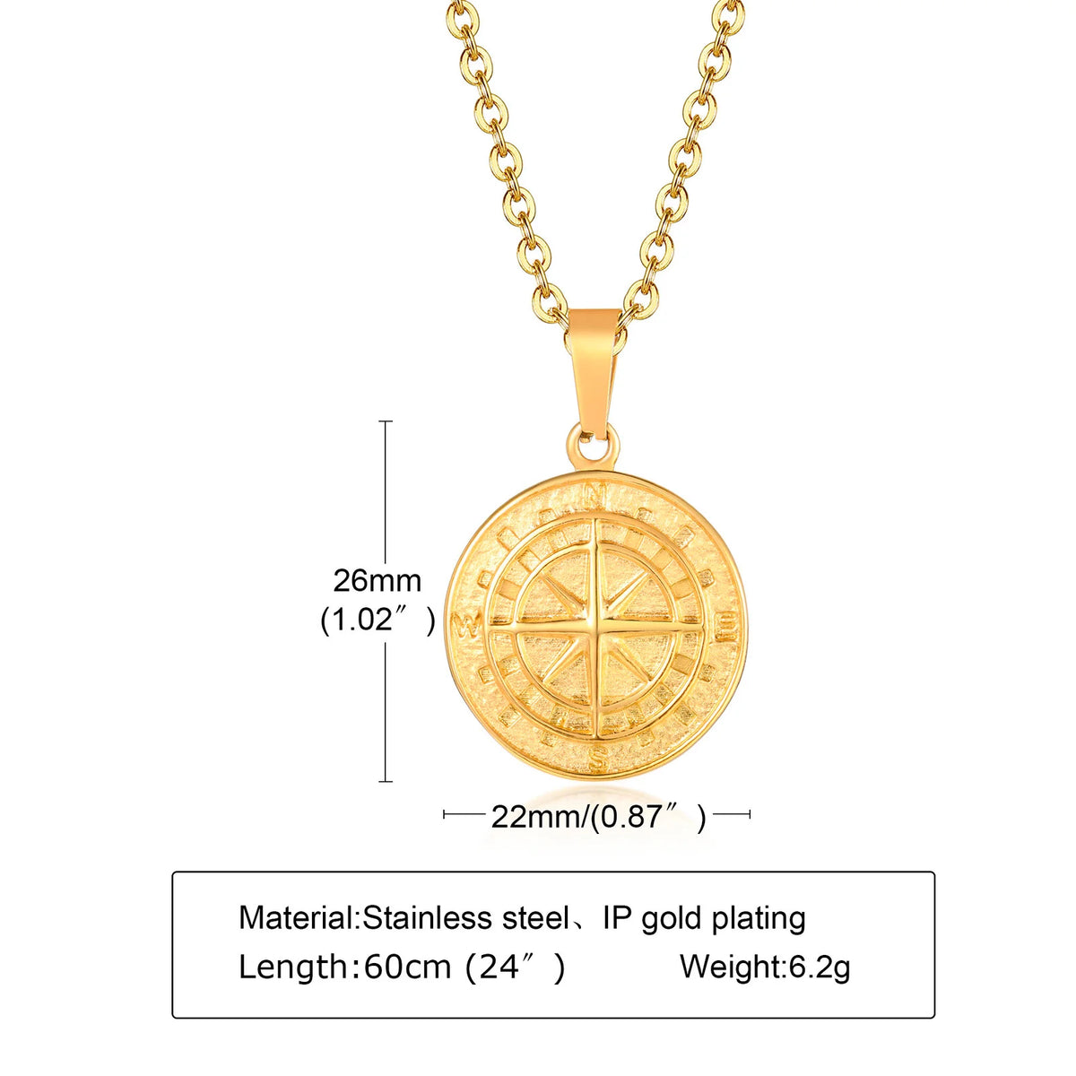 Vintage Compass Coin Pendant Necklace — Stainless Steel
