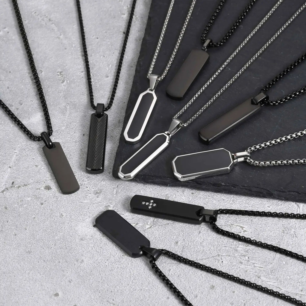 Vnox Stainless Steel Vertical Bar Necklaces for Men Boys, Black Simple Metal Pillar Pendant, Casual Neck Collar