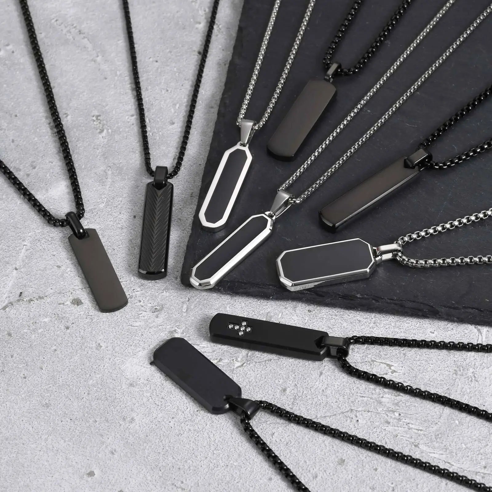 Vnox Stainless Steel Vertical Bar Necklaces for Men Boys, Black Simple Metal Pillar Pendant, Casual Neck Collar