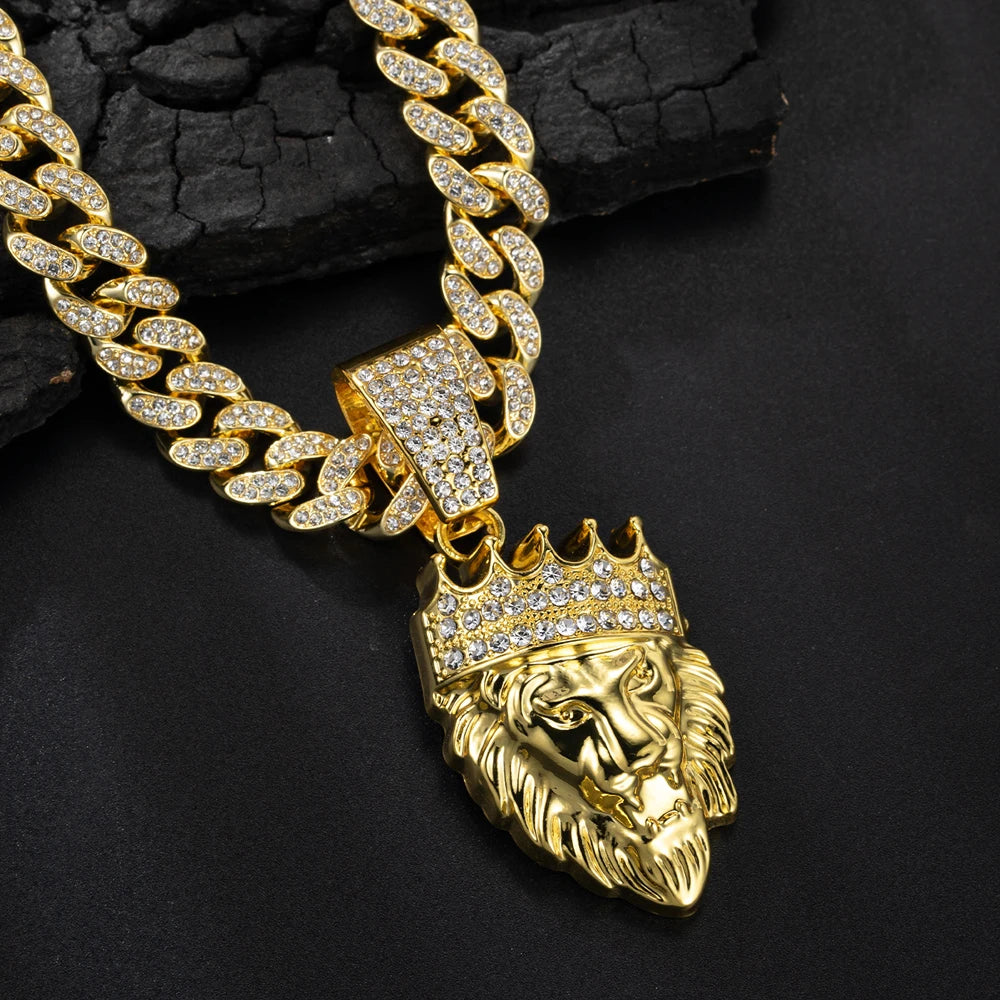 3D Crown Lion Head Cuban Pendant — Stainless Steel
