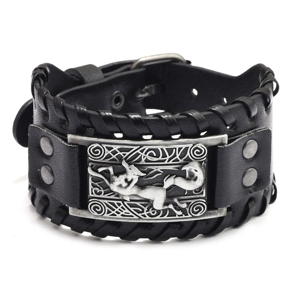 Nordic Viking Symbol Fox Pattern Bracelet Men's New Fashion Metal Leather Woven Jewelry Animal Accessories Party Gift