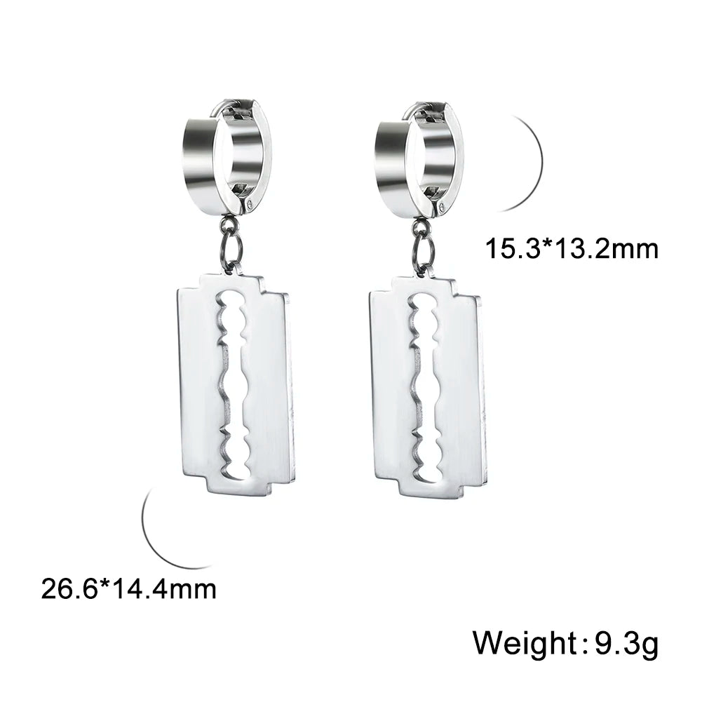 Razor Blade Circle Drop Hoop Earrings — Stainless Steel