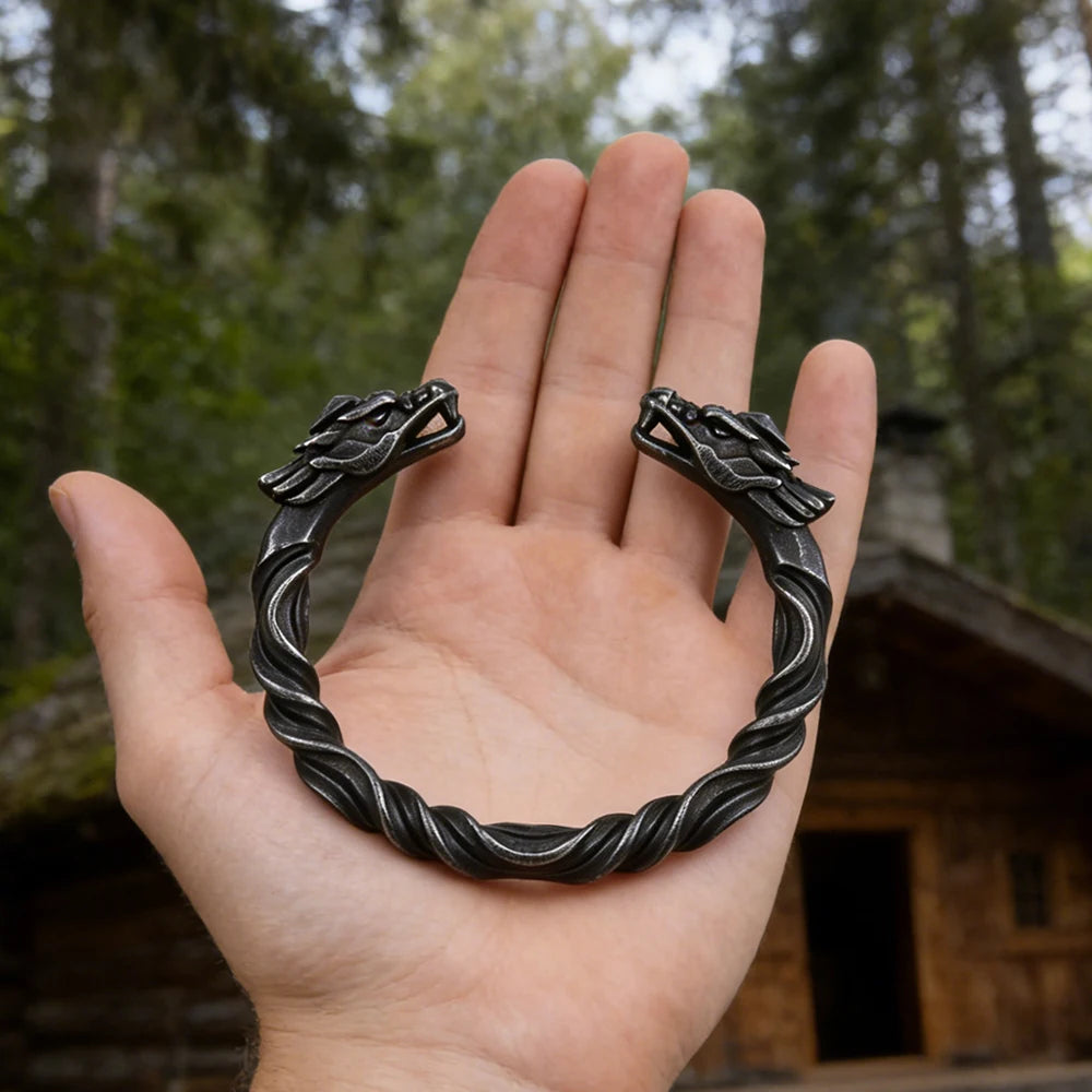 Gray Color Stainless Steel Nordic Viking Norse Dragon Bracelet Men Wristband Cuff Bracelets with Viking Wooden Box