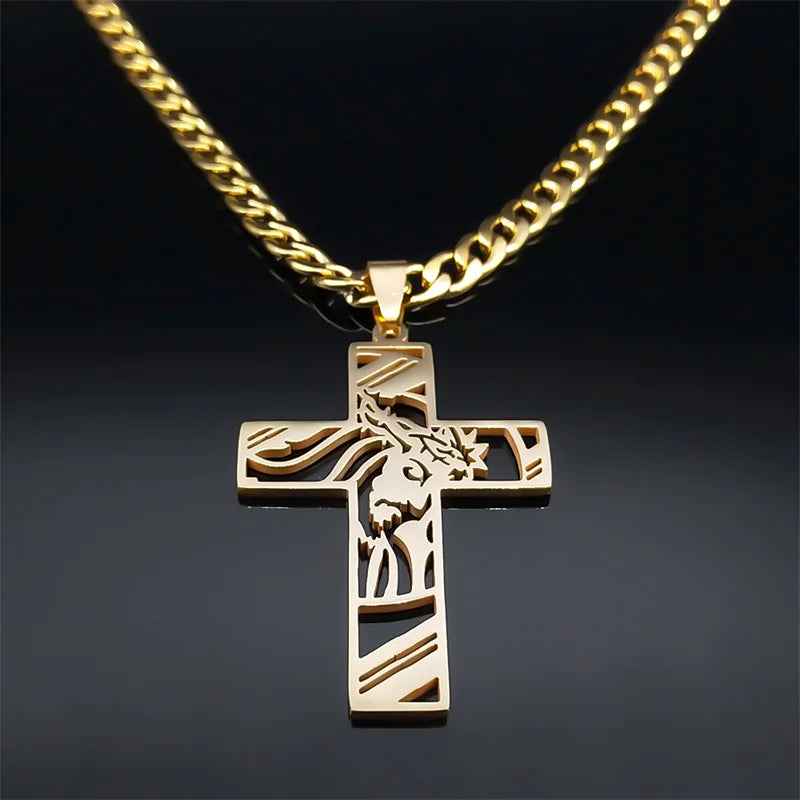 Hip Hop Punk Crown of Thorns Jesus Cross Necklace for Men Stainless Steel Gold Plated Crucifix Pendant Necklaces